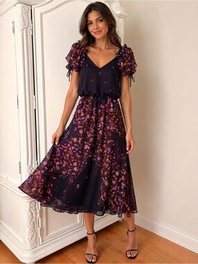 Women's Floral Puff-Sleeve Midi Dress 70s Deep Purple and Pink fairy vintage s/m